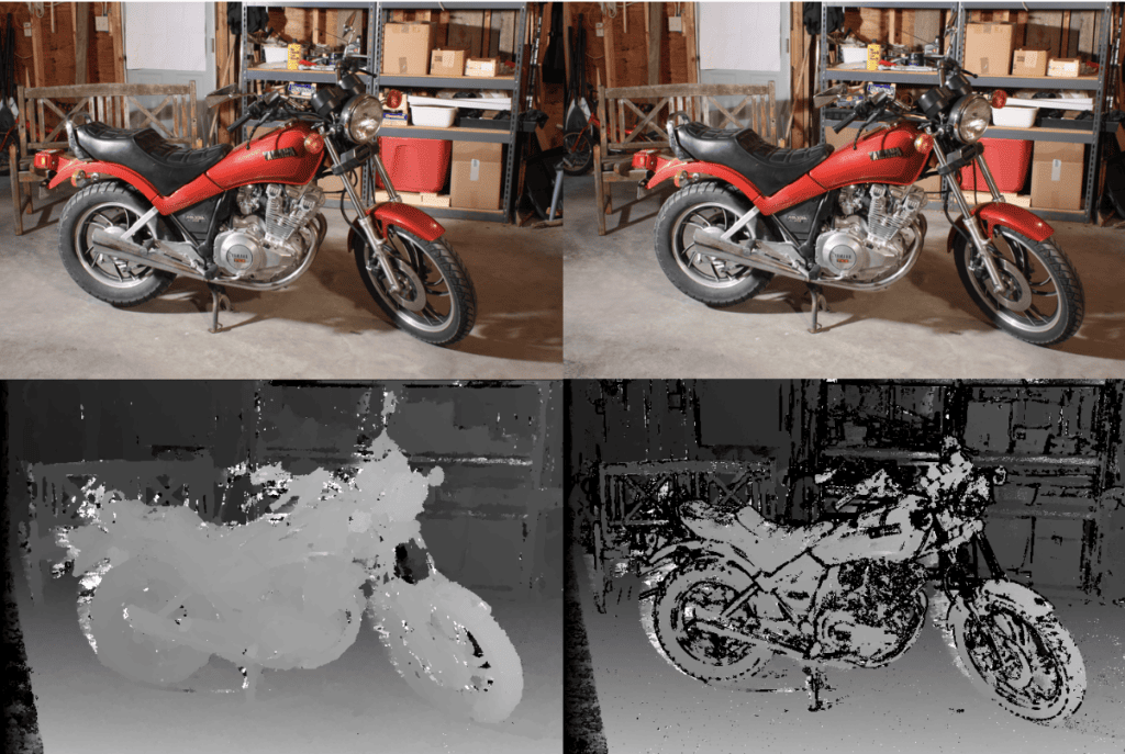 Ábra: a bal és jobb kamera képe, alul az abból számolt eredeti és szűrt mélység térkép.